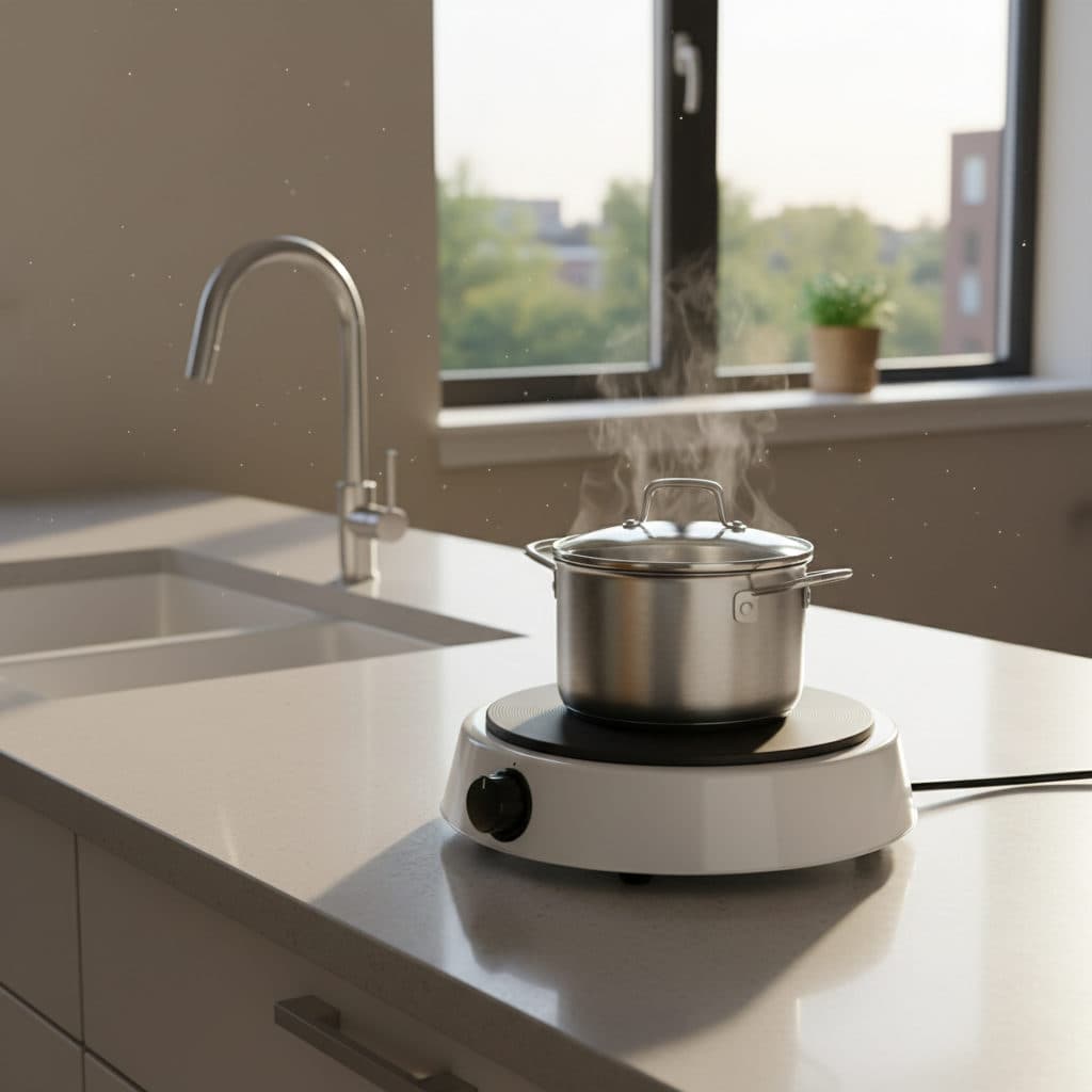 Cocinilla eléctrica NOVYHOME en uso en una cocina de departamento