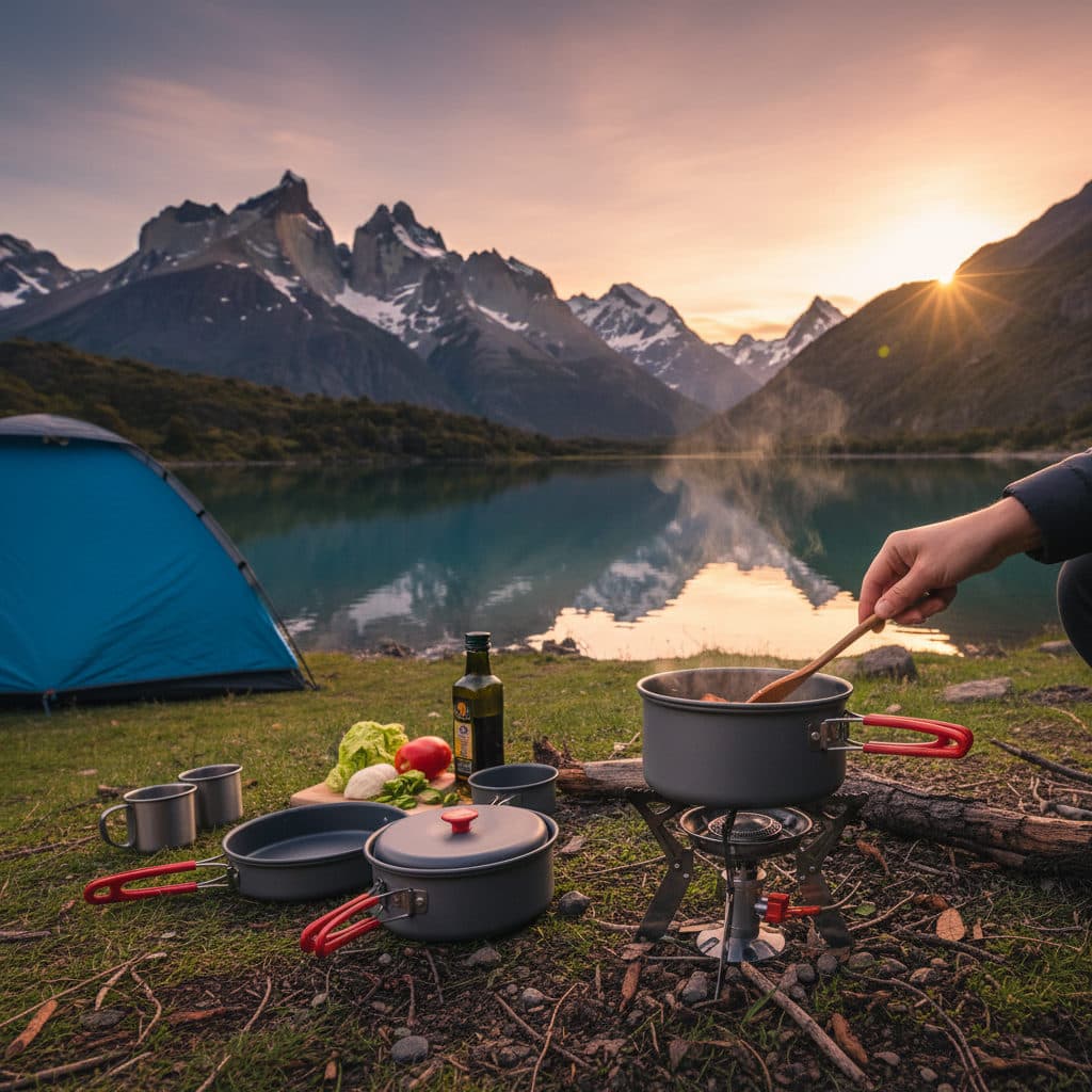 Set de ollas B24 en un camping junto a un lago en el sur de Chile